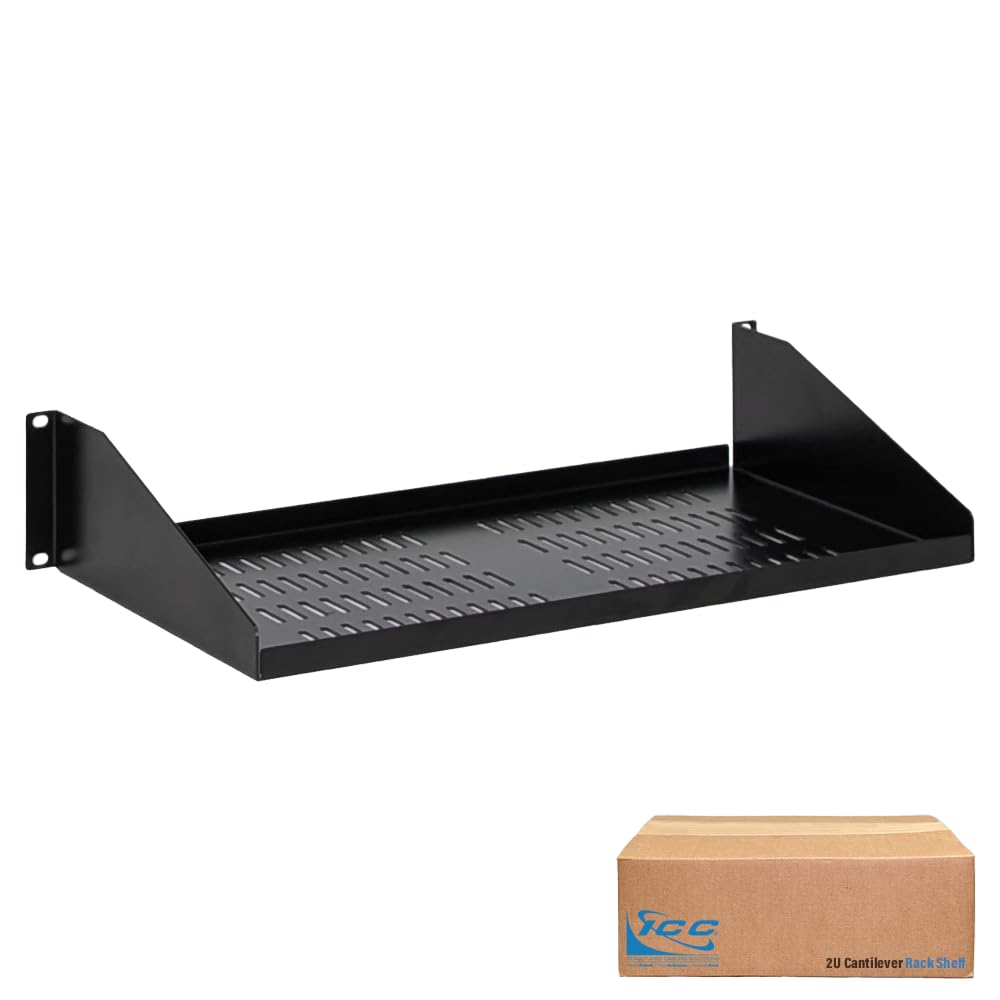 ICC 2U Cantilever Rack Shelf, Heavy-Duty Ventilated Steel Tray for 19" Network Equipment Racks, 10" Deep, 50 lbs Capacity, Single-Pack, Black