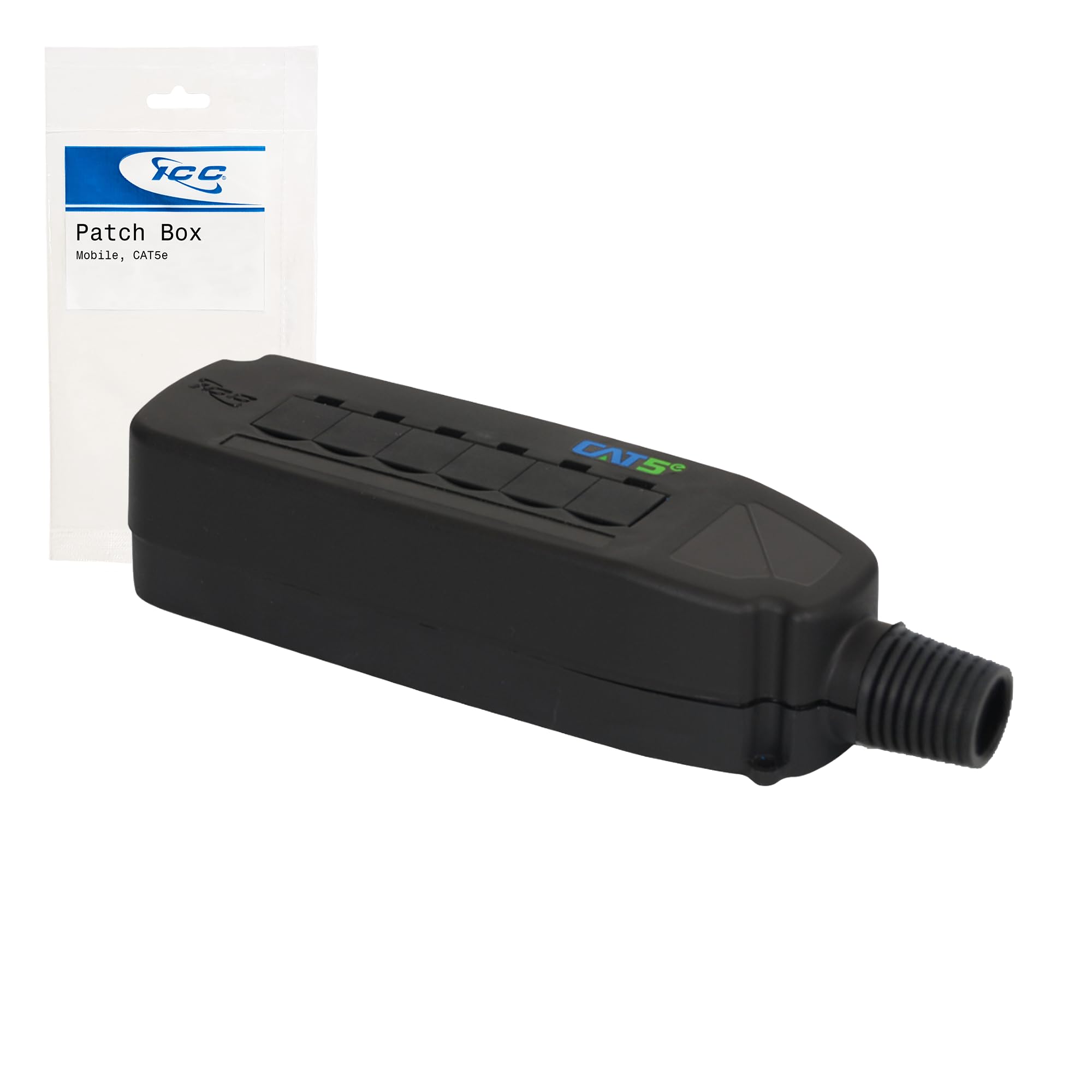 ICC CAT5e Mobile Patch Box with Built-In 6-Port Module, Portable Termination Box for 4-Pair UTP Cable, UL94V-0 Indoor Housing with Cover & Dust Caps, TAA & Section 889 Compliant, Black