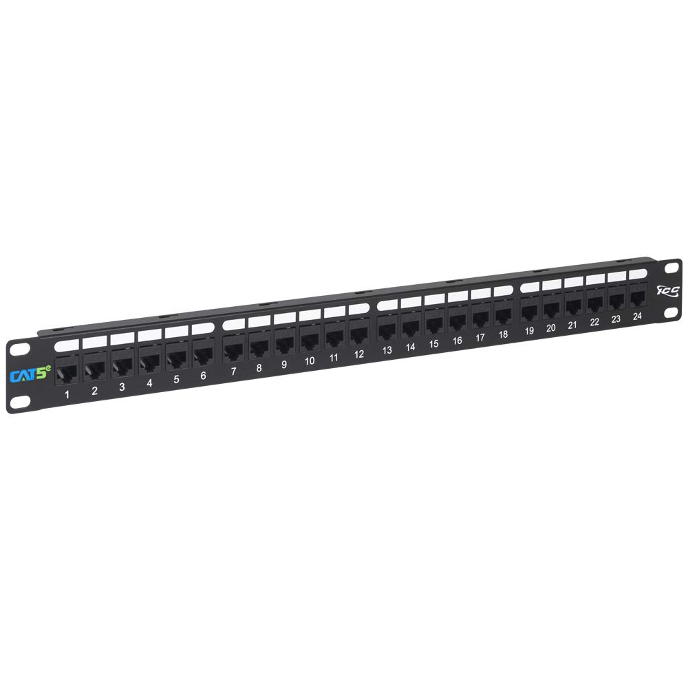ICC CAT5e Feed-Through Patch Panel, 24 Port, 1U Rackmount, RJ45 Ethernet Patch Panel, No Punch Down, PoE++ and TAA Compliant, Black