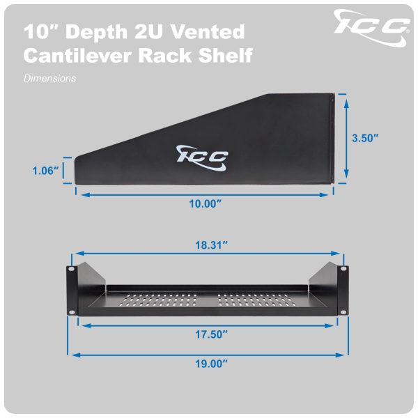 ICC 2U Cantilever Rack Shelf, Heavy-Duty Ventilated Steel Tray for