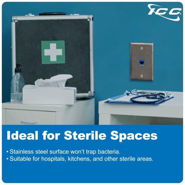 ICC 1-Port Keystone Wall Plate, UL Listed, Stainless Steel, Single