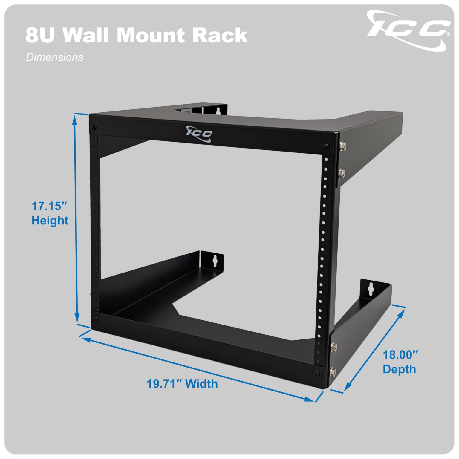 ICC 8U Wall Mount 19″ Open Frame Server Rack – 18″ Deep Cold-Rolled ...
