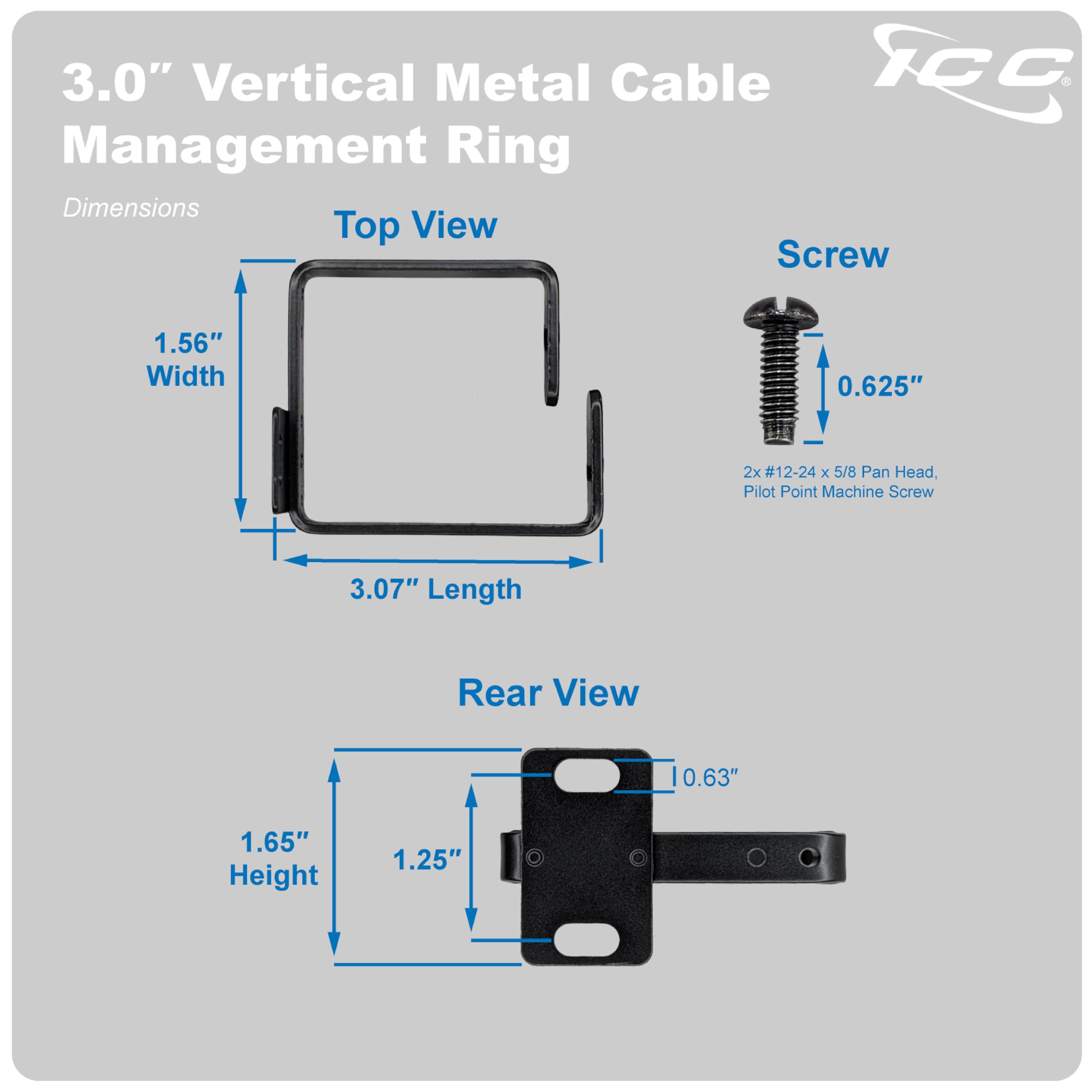 ICC 3” Metal Cable Management Ring, Vertical, Rack or Wall Mount, Pack ...