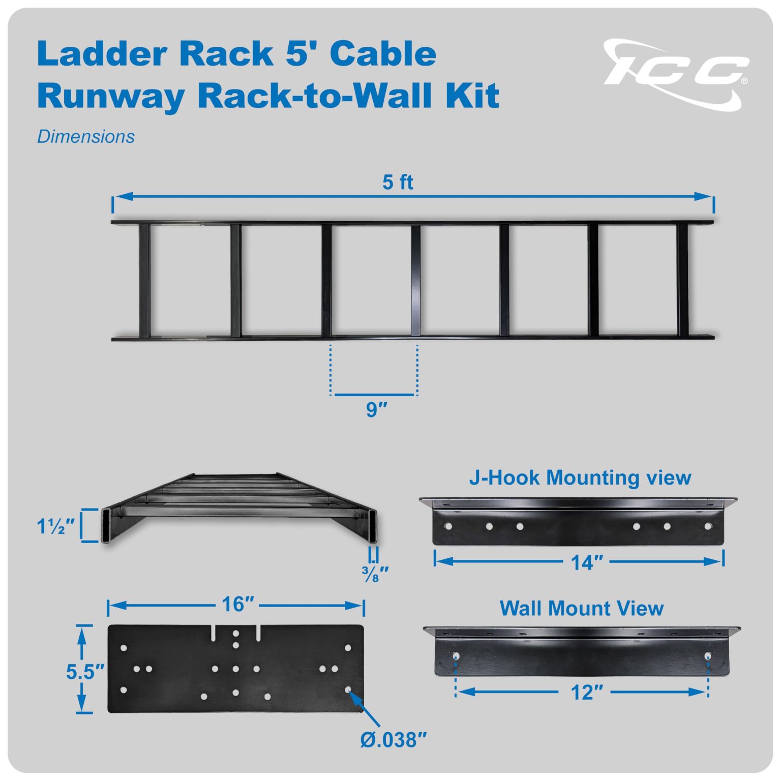 ICC Ladder Rack 5-Foot Cable Runway Network Rack-to-Wall Mount Kit ...