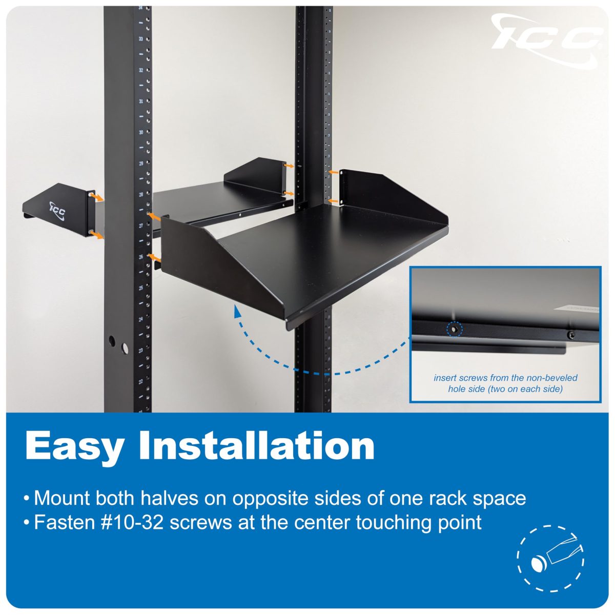 ICC 2U Center-Mount Rack Shelf, Heavy-Duty Solid Steel Tray for 19 ...