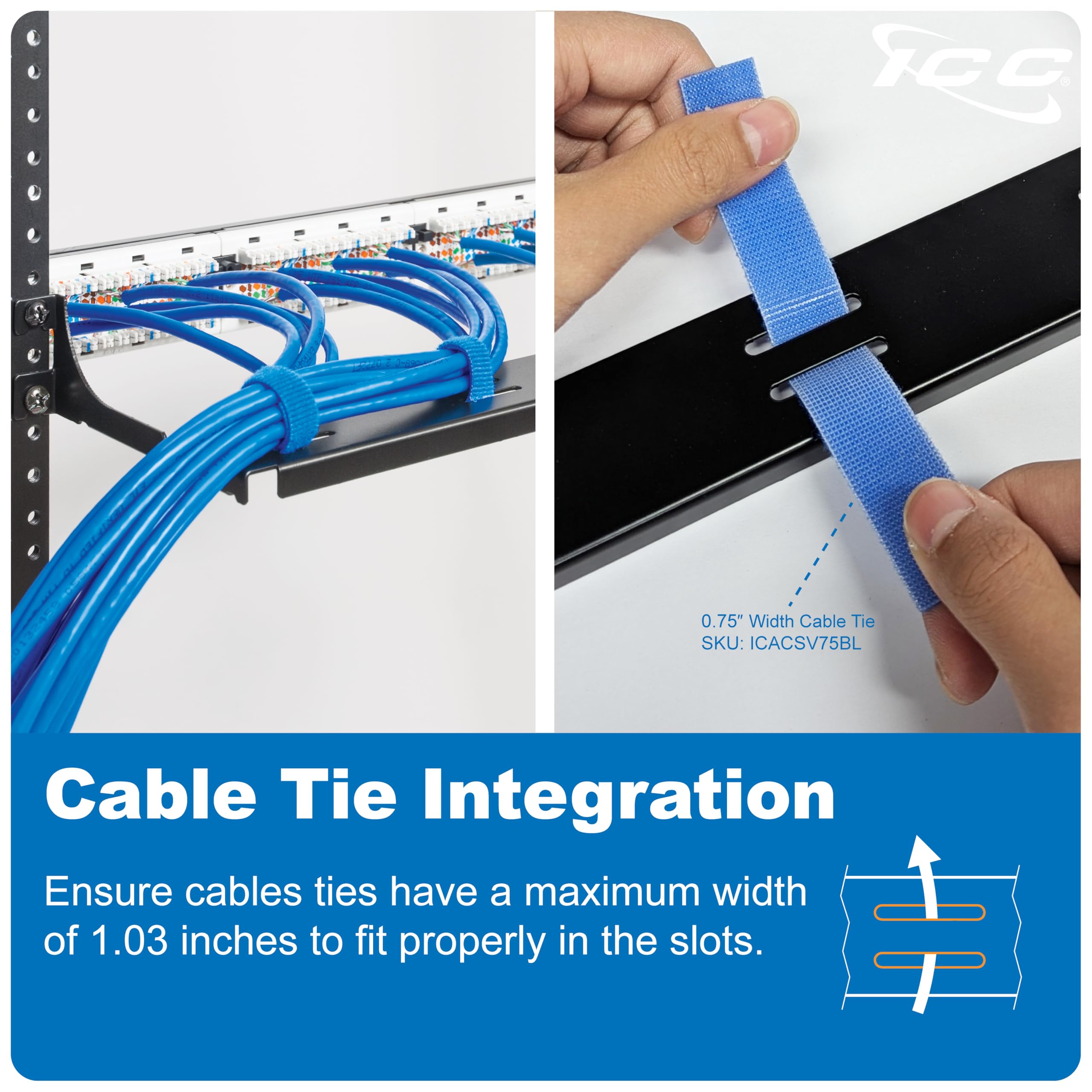 Cable Rack Brackets ICC Cable Manager Bracket Panel, 1U Rack Mount Space, Black Powder Coat ...