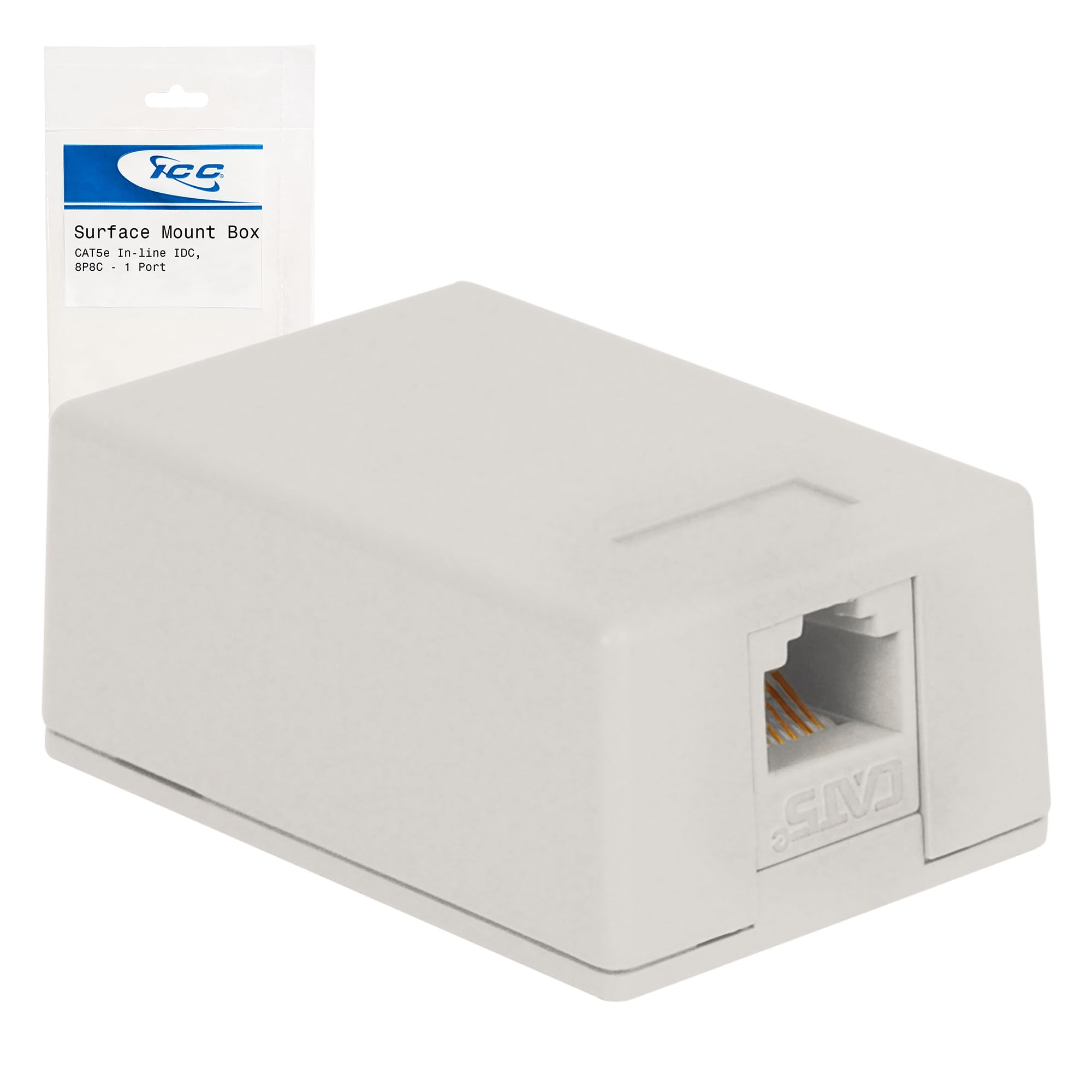 ICC 1-Port Surface Mount Box with CAT5e RJ45 Keystone Jack with Inline IDC Termination, Compact Outlet for Data Connections, UL Listed PoE++ TAA VoIP Compliant