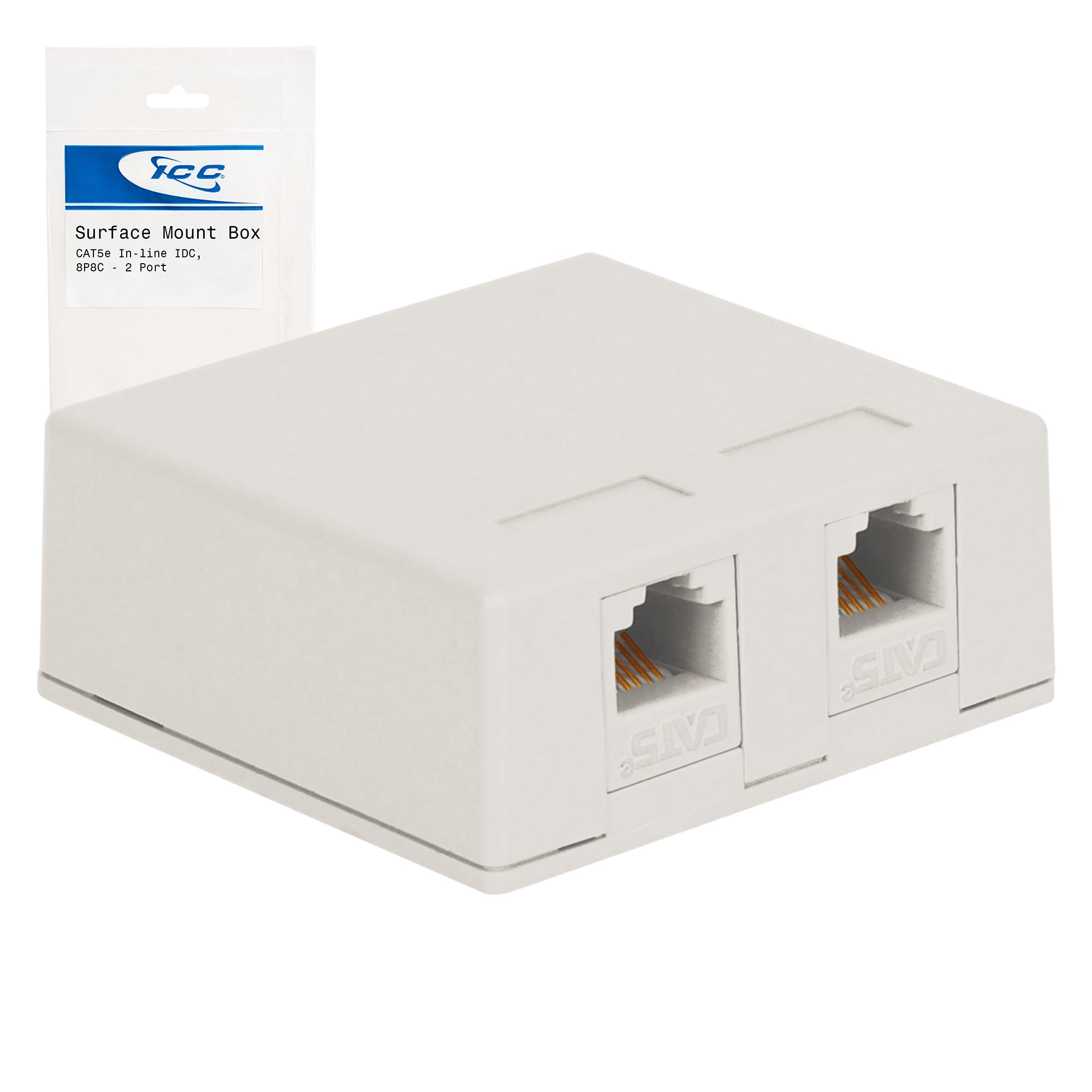ICC 2-Port Surface Mount Box with CAT5e RJ45 Keystone Jacks with Inline IDC Termination, Compact Outlet for Data Connections, UL Listed PoE++ TAA VoIP Compliant
