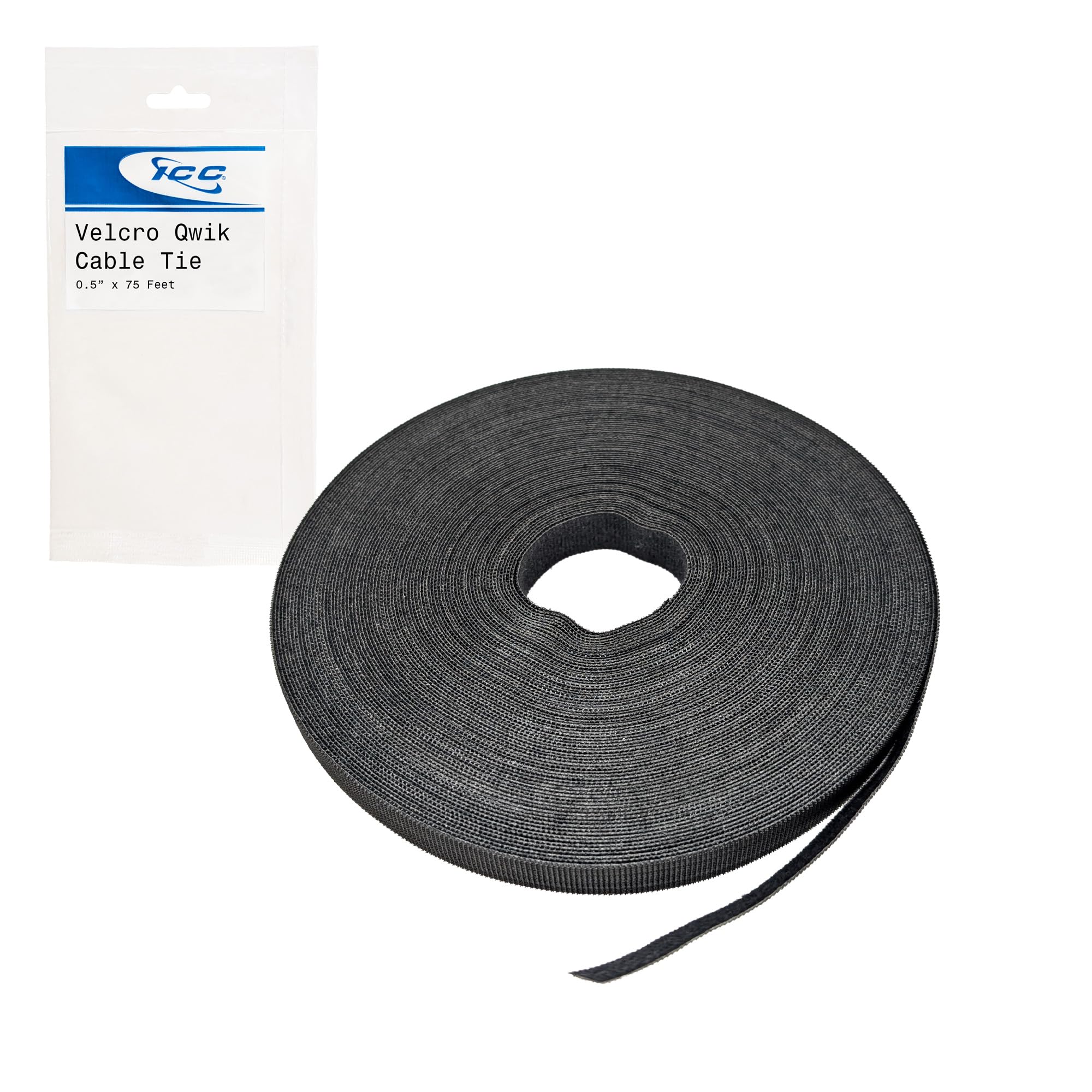 ICC VELCRO Brand Qwik Tie Cable Tie Tape, 75 ft x 1/2 in Roll, Cut-to-Length Hook and Loop for Cable Management, Black