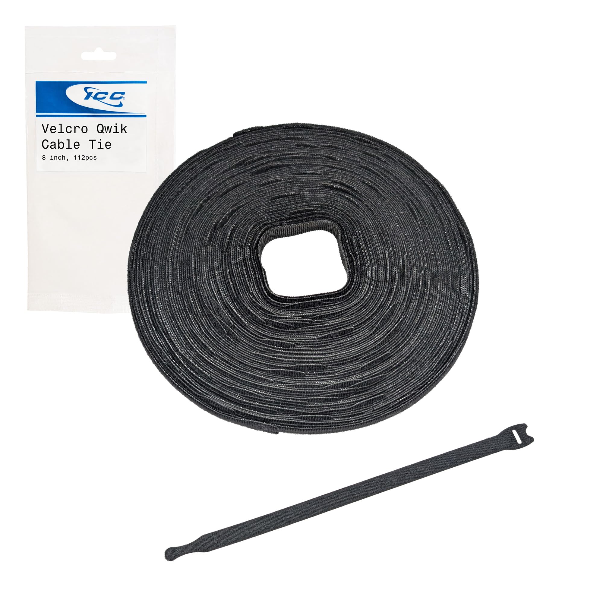 ICC VELCRO Brand Qwik Tie Reusable Cable Ties, 112 PCS 8 inch Pre-Cut Hook and Loop Straps for Wire Management - Black