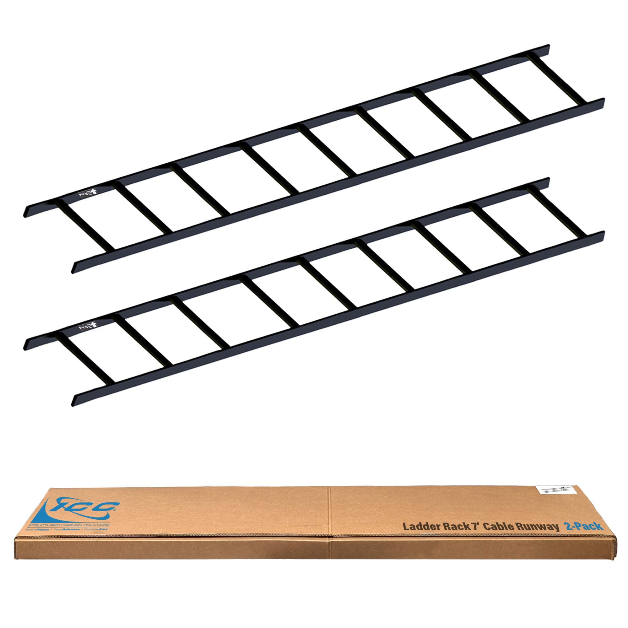 ICC Ladder Rack 7-Foot Cable Runway Straight Section – 16-gauge Steel, Horizontal Cable Management for Server Racks & Telecom Systems, 2 Pack, Made in USA