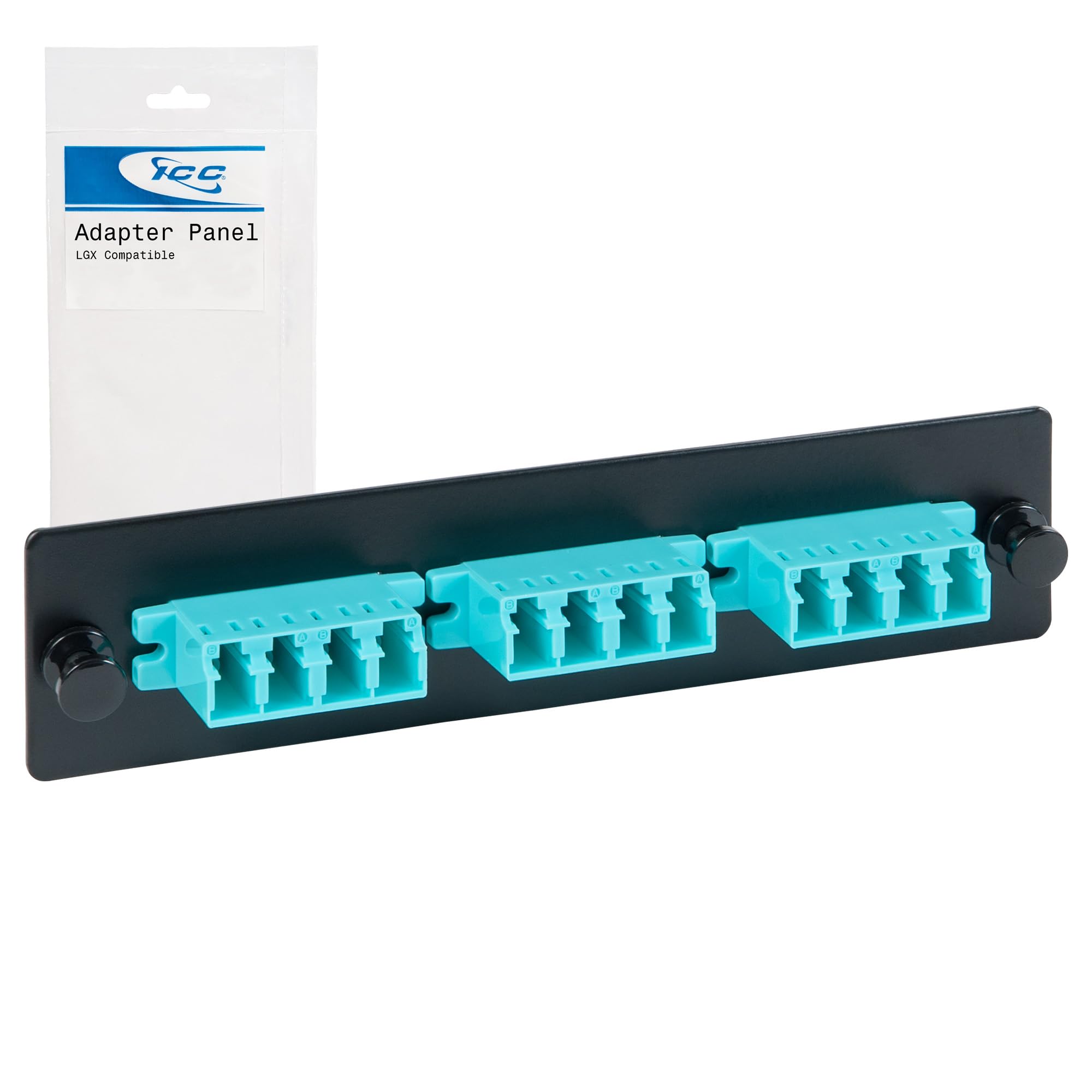 ICC LC-LC Fiber Optic Adapter Panel, LGX Compatible, 12 Fibers, Multimode 10G, Aqua 94V-0 Adapters, Push Fasteners