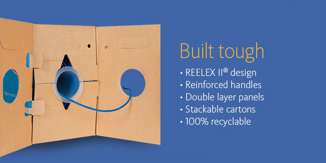Built tough •REELEX II design •Reinforced handles •Double layer panels •Stackable cartons •100% recyclable