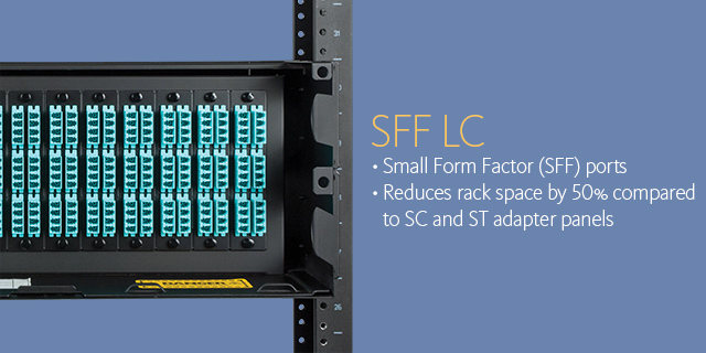 SFF LC •Small Form Factor (SFF) ports •Reduces rack space by 50% compared to SC and ST adapter panels