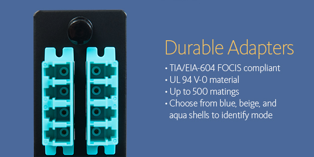 Durable adapters •TIA/EIA-604 FOCIS compliant •UL 94 V-o material •Up to 500 matings •Choose from blue, beige, and aqua shells to identify mode