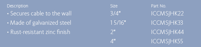 Description •Secures cable to the wall •Made of galvanized steel •Rust-resistant zinc finish Size/Part No. 3/4