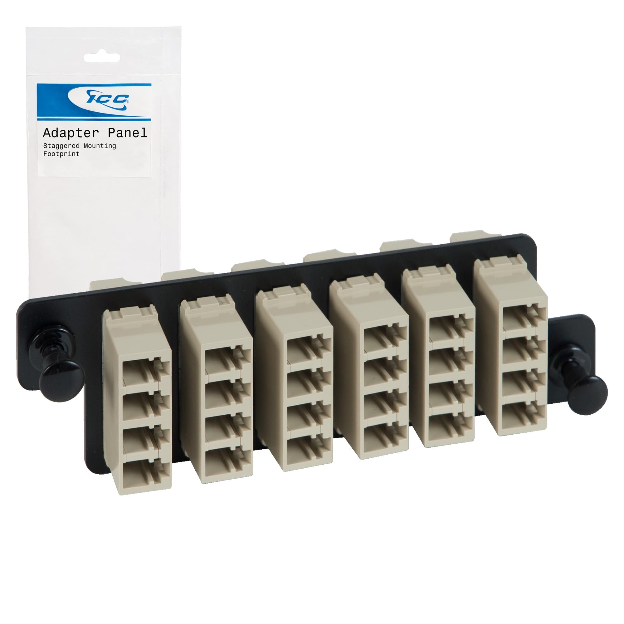 ICC HD LC-LC Fiber Optic Adapter Panel, 24 Fibers, Multimode, Beige 94V‑0, Push Fasteners, Black Steel