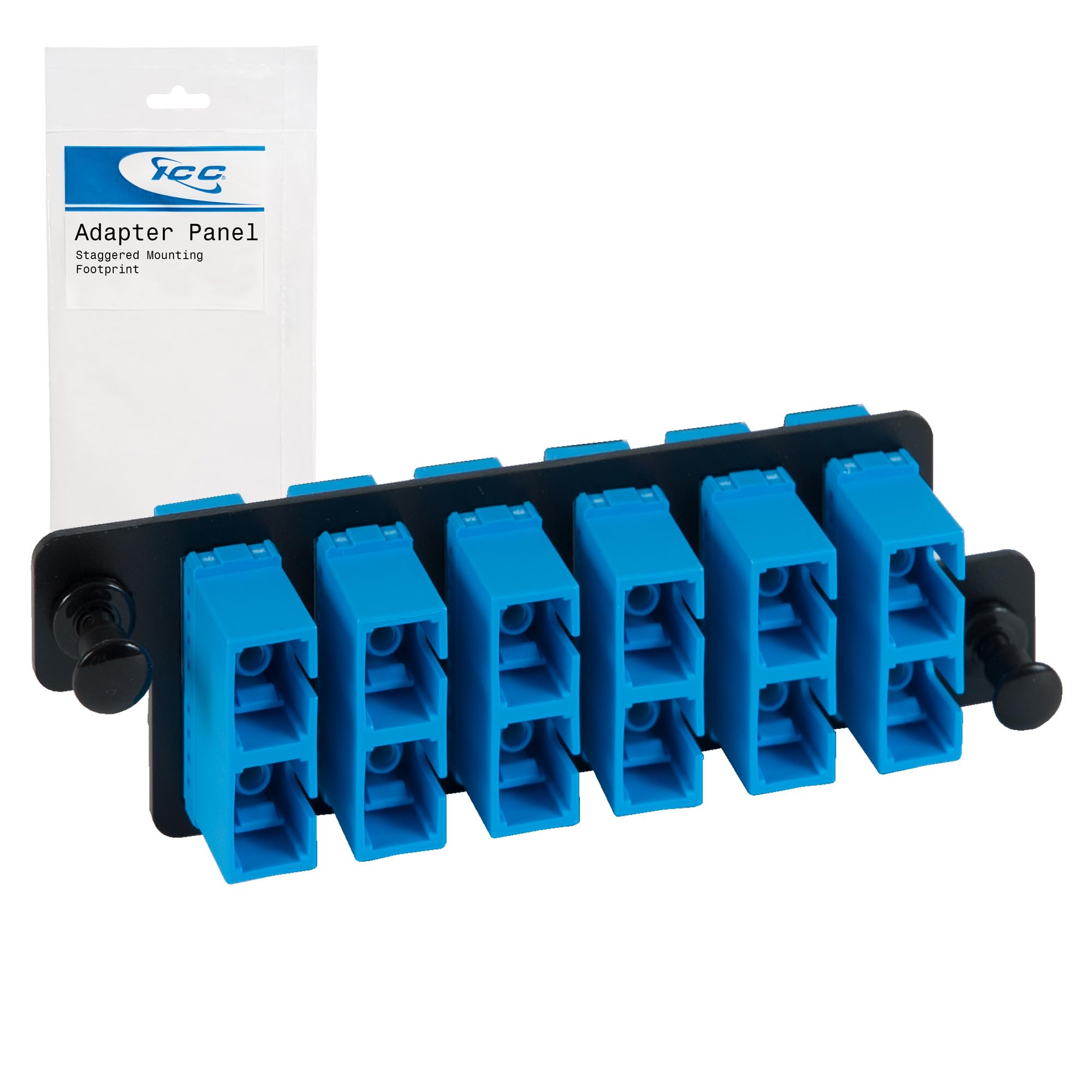 ICC HD SC-SC Fiber Optic Adapter Panel, 12 Fibers, Singlemode, Blue 94V‑0, Push Fasteners, Black Steel