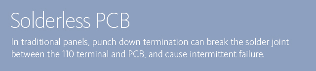 Solderless PCB • In traditional panels, punch down termination can break the solder joint between the 110 terminal and PCB, and cause intermittent failure.