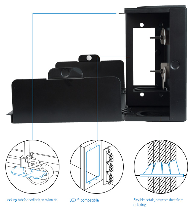 •Locking tab for padlock or nylon tie •LGX® compatible •Flexible petals prevents dust from entering