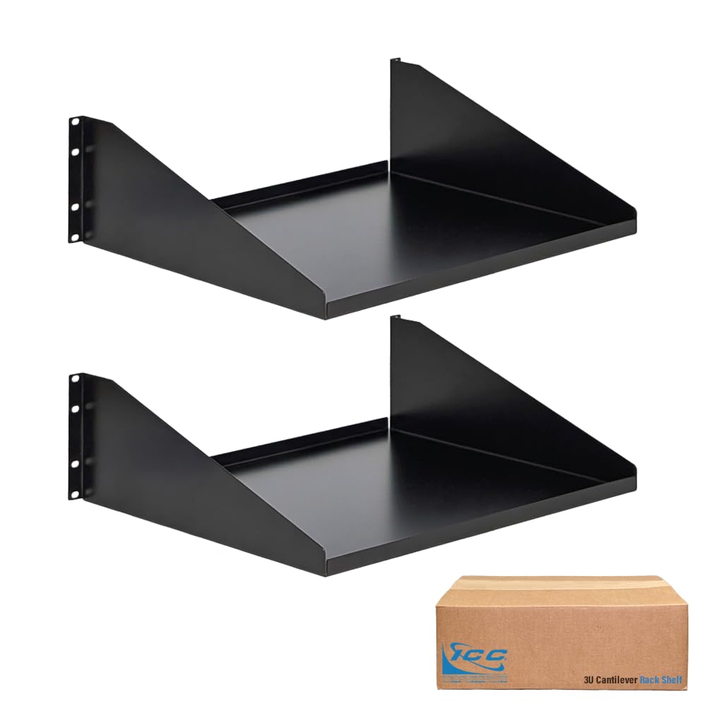 ICC 3U Cantilever Rack Shelf, Heavy-Duty Solid Steel Tray for 19" Network Equipment Racks, 15" Deep, 75 lbs Capacity Each, 2-Pack, Black