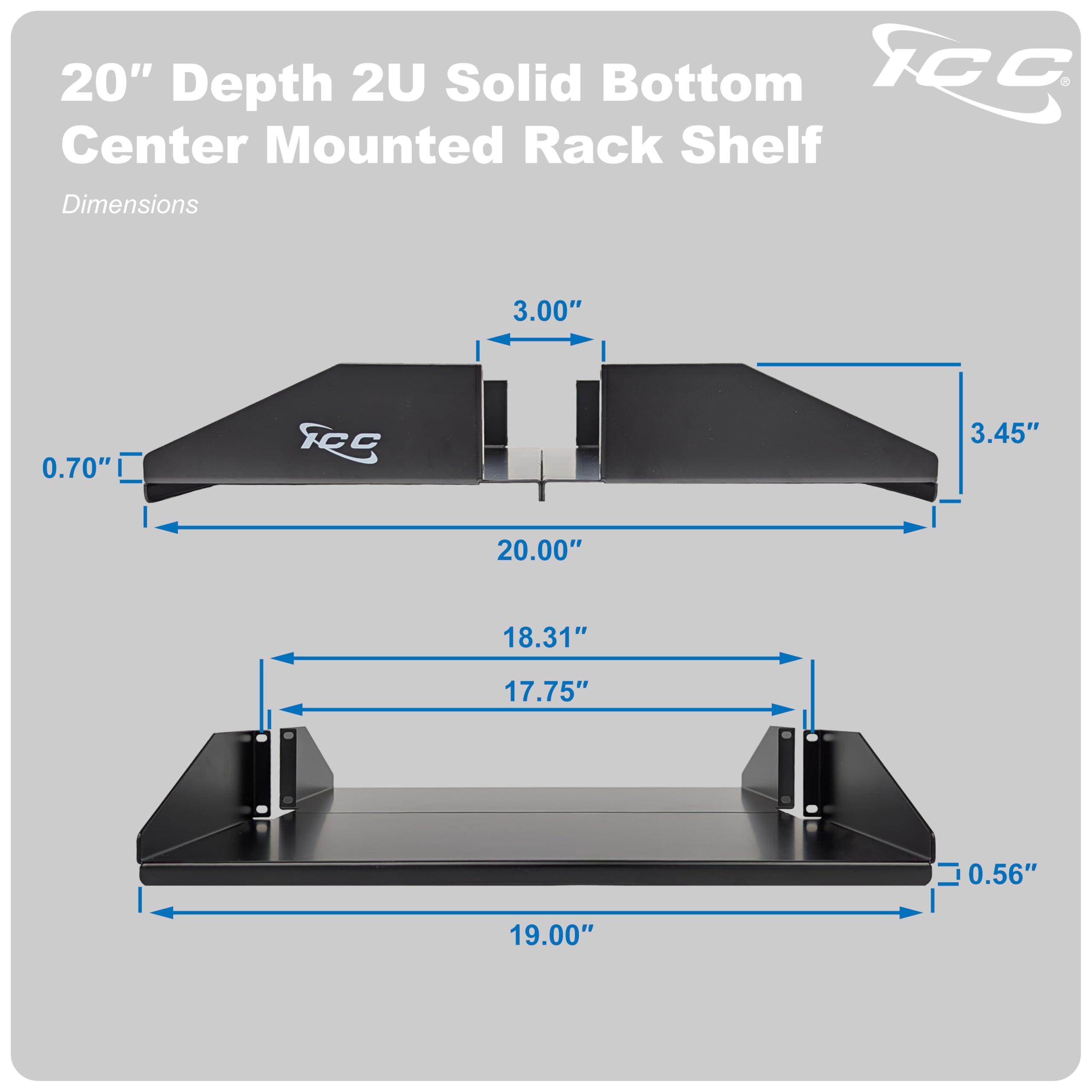 ICC 2U Center-Mount Rack Shelf, Heavy-Duty Solid Steel Tray for 19 ...