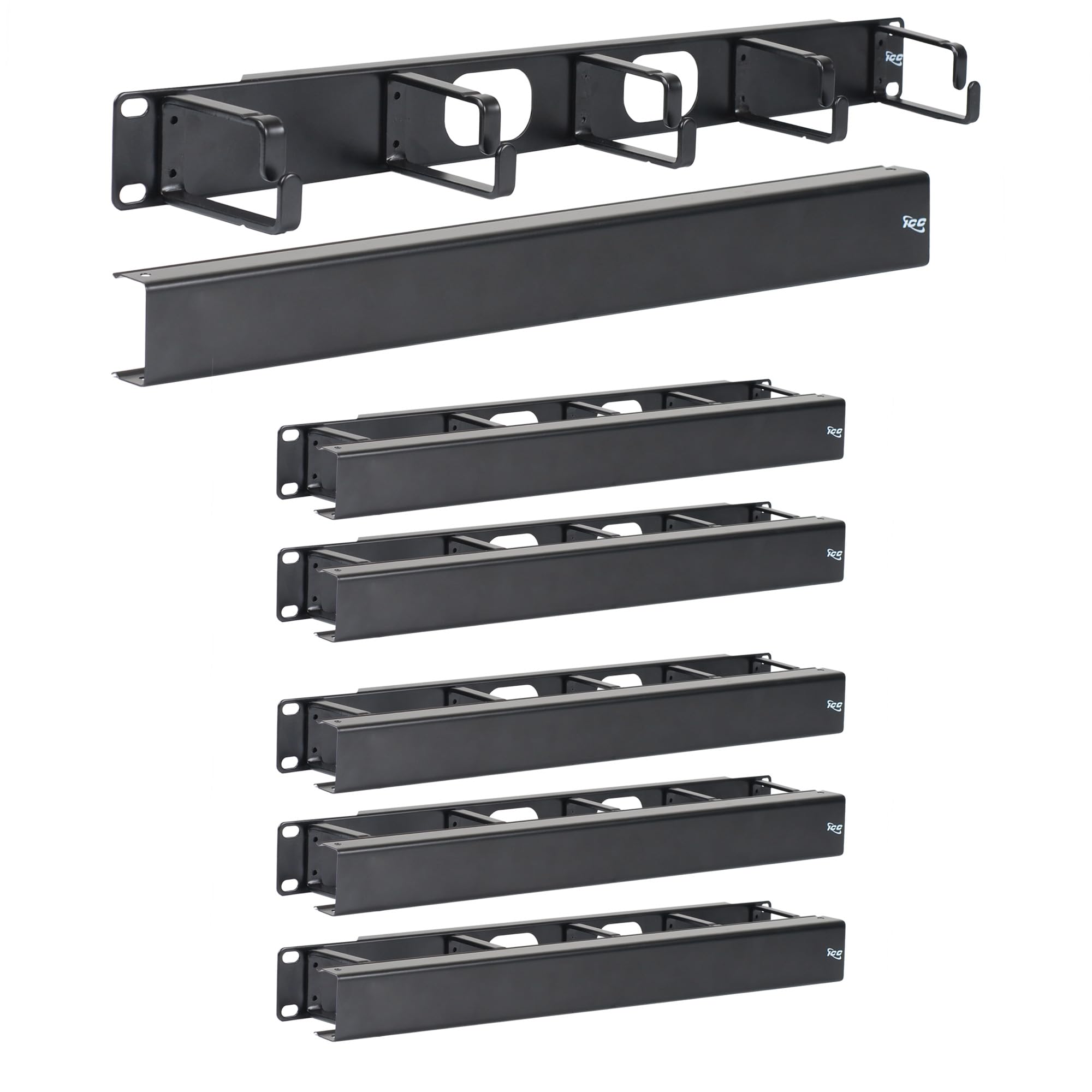ICC 1U Ring Cable Manager Panel with Cover, Metal, 3" Cable Distribution D Rings, Horizontal Cable Management, Rackmount for 19” Network Racks, Black, 6-Pack