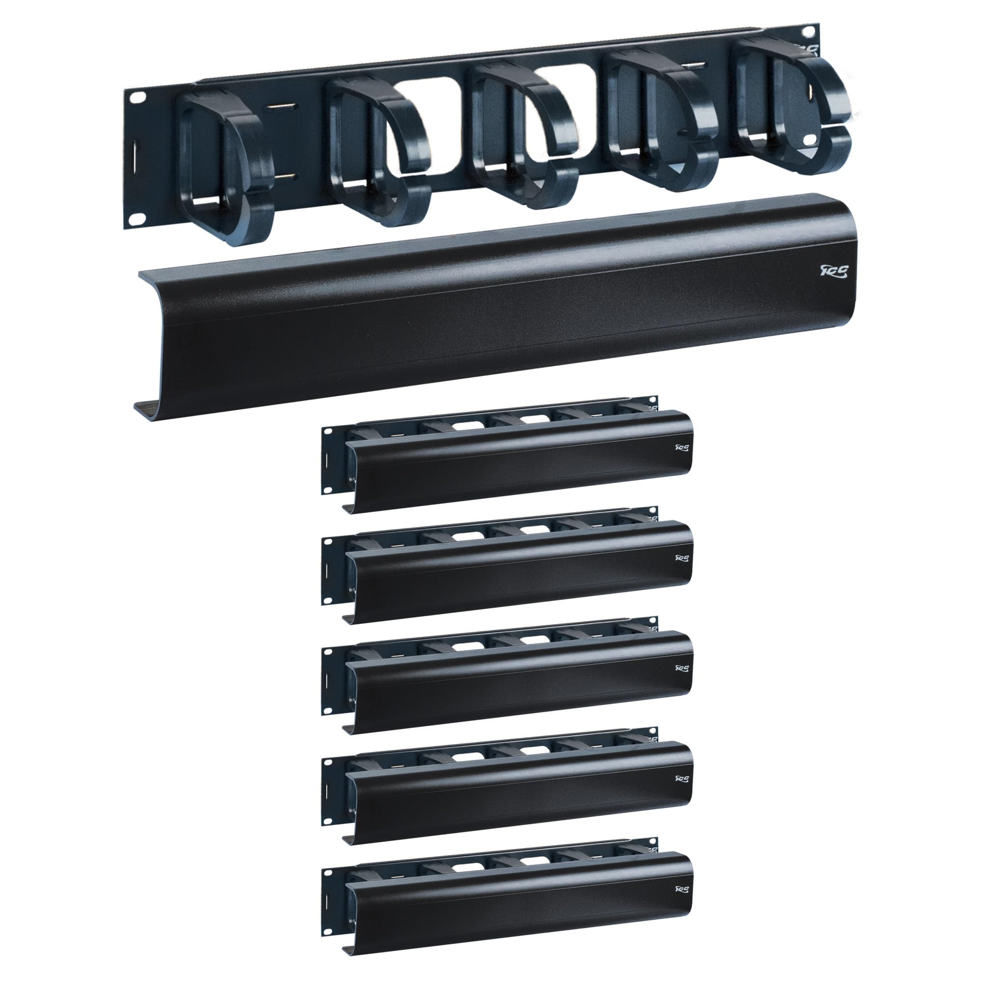 ICC 2U Ring Cable Manager Panel with Cover, Plastic with Metal Back Frame, 4" D-Rings, Horizontal Cable Management, Rackmount for 19” Network Racks, Black, 6-Pack