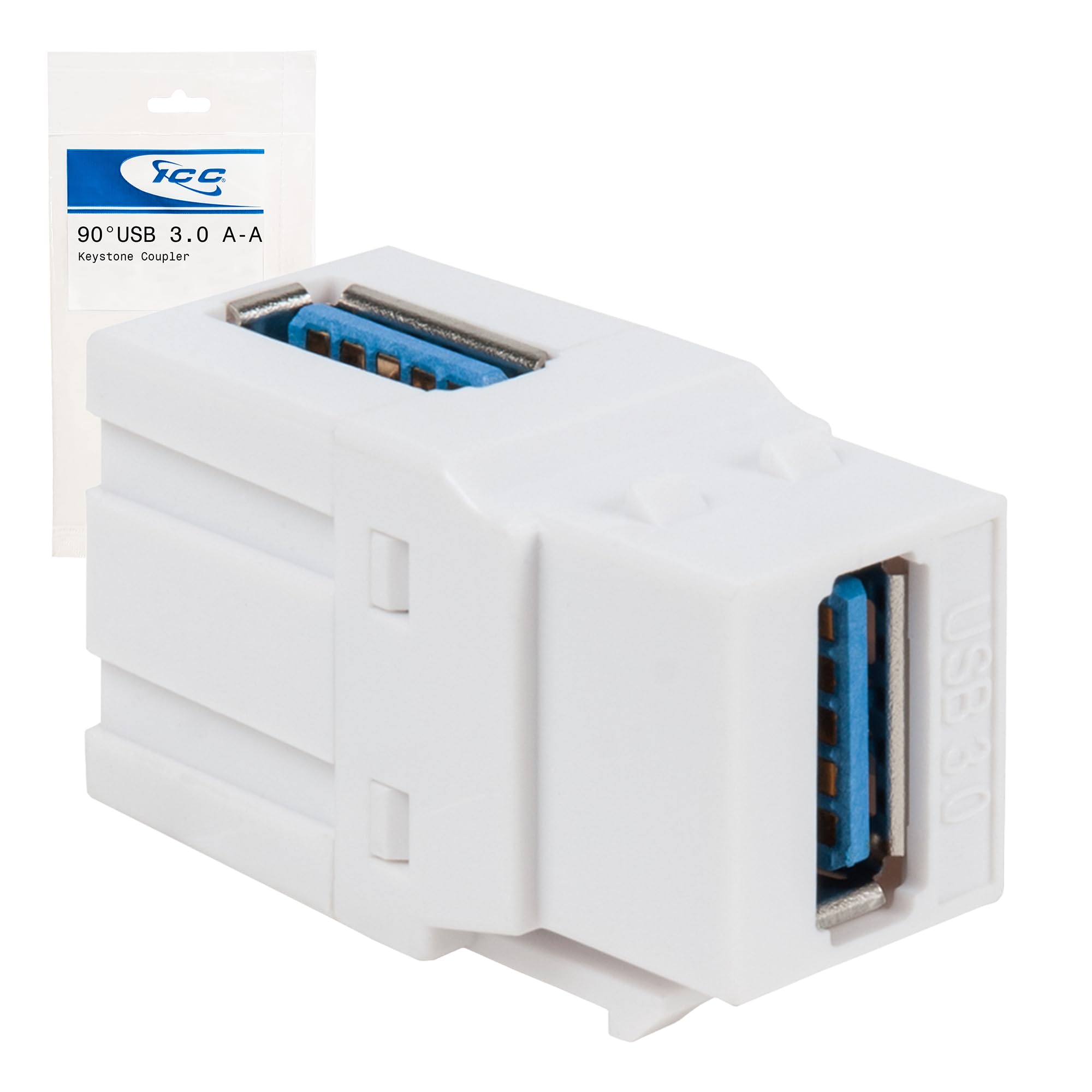 ICC USB 3.0 Keystone Coupler, 90 Degree Type-A Female to Female Adapter, High Density Slim Keystone Insert, White