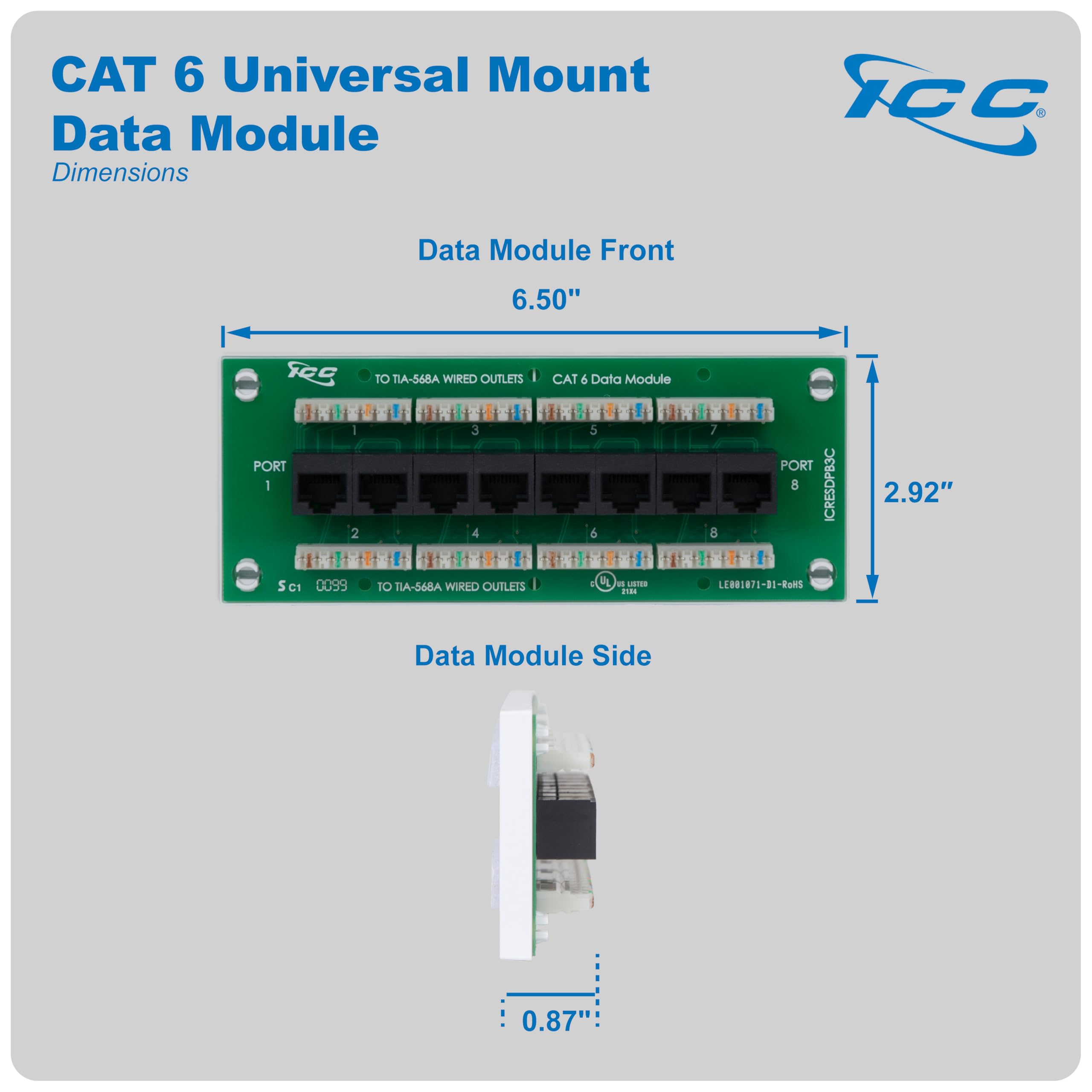ICC 8-Port CAT6 Ethernet Data Module with Universal Adhesive Mount, UL ...