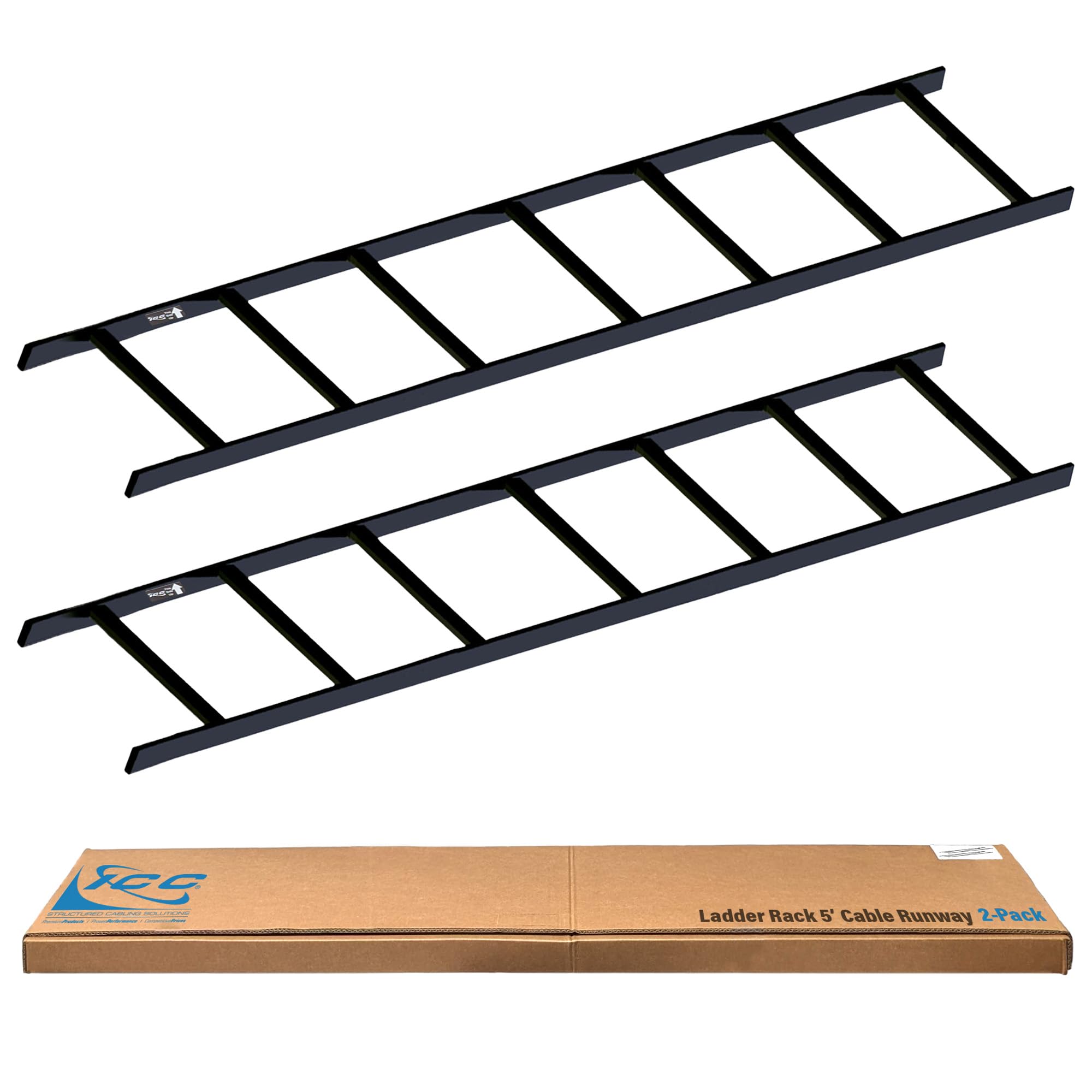 ICC Ladder Rack 5-Foot Cable Runway Straight Section – 16-gauge Steel, Horizontal Cable Management for Server Racks & Telecom Systems, 2 Pack, Made in USA