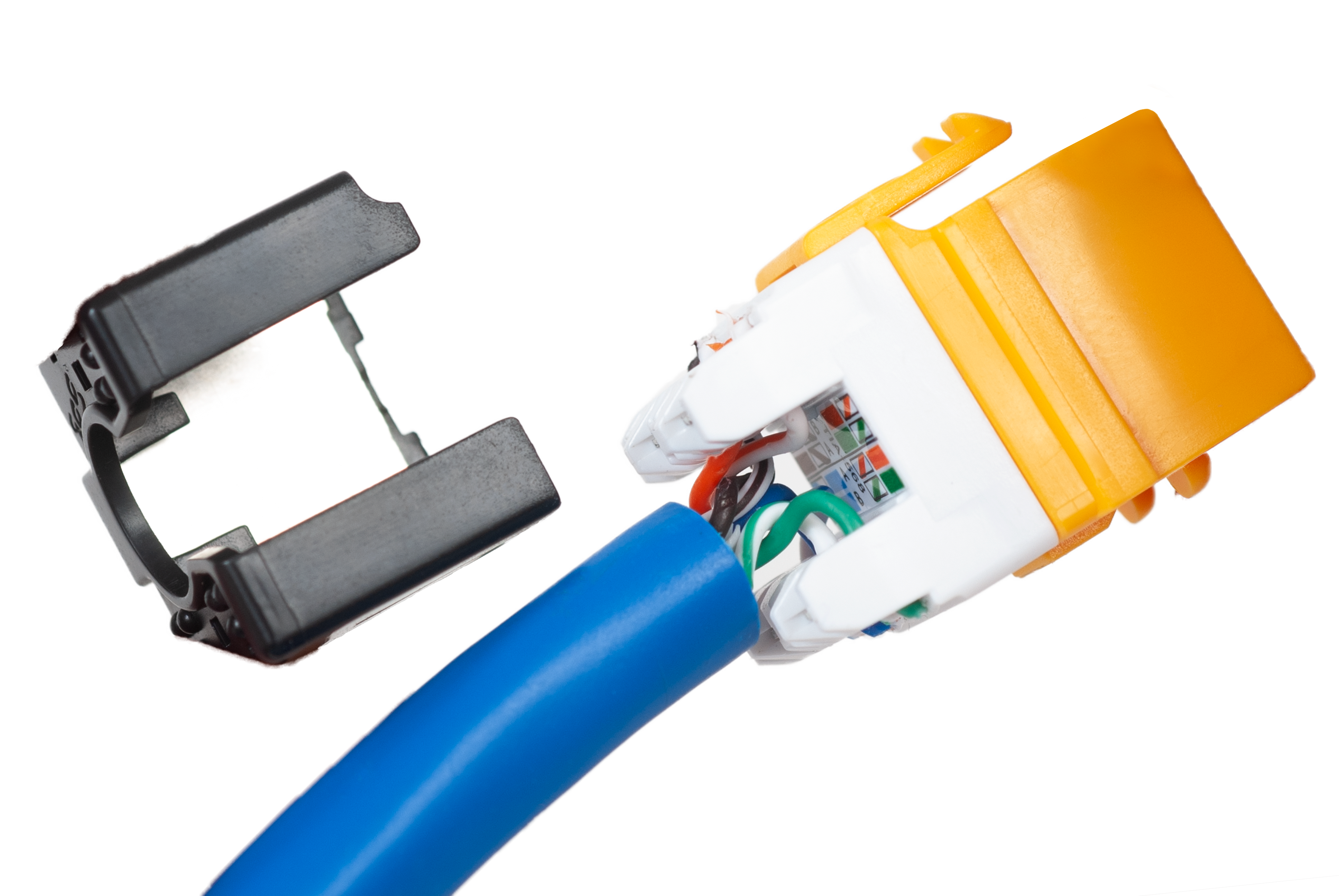Yellow keystone connector with blue cable