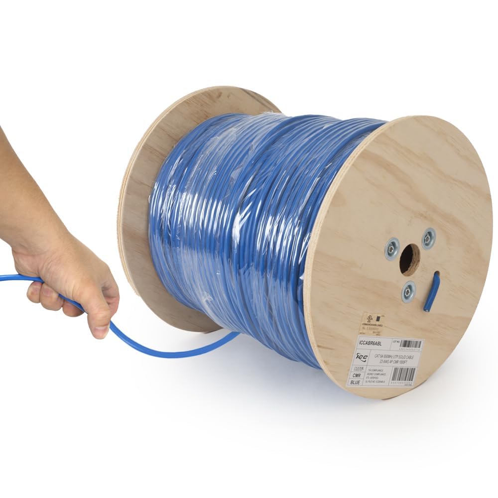 ICC Cat6A CMP Plenum 1000ft UTP 23AWG Solid Pure Copper, True Plenum Certified by UL Bulk Ethernet Cable on Reel, PoE++, 650MHz, TAA and National Electrical Code Compliant