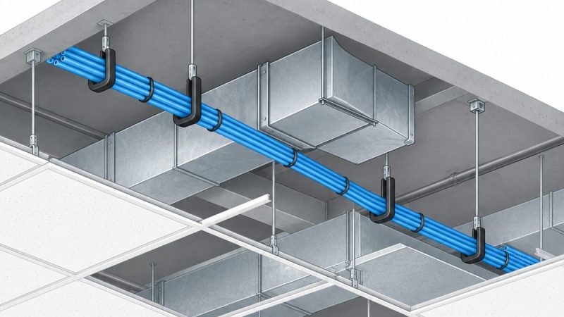 Blue communications cable supported above a suspended ceiling near HVAC ductwork