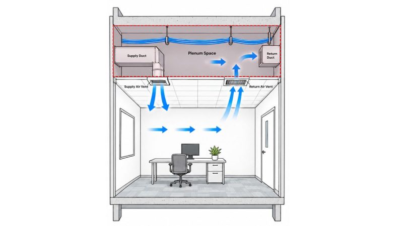 Diagram showing return air moving through a ceiling plenum with communications cable installed in the space